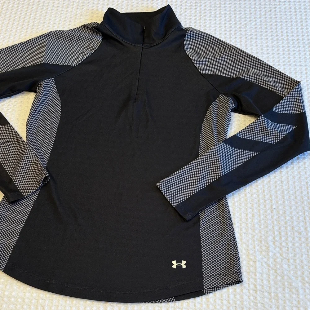 Under Armour MEDIUM Black Gray Dot Long Sleeve 1/4 Zip Mock Neck Top - Picture 4 of 12